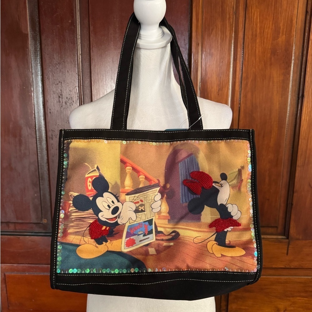 NWT Mickey and Minnie Disney Animations Beaded Canvas Bag